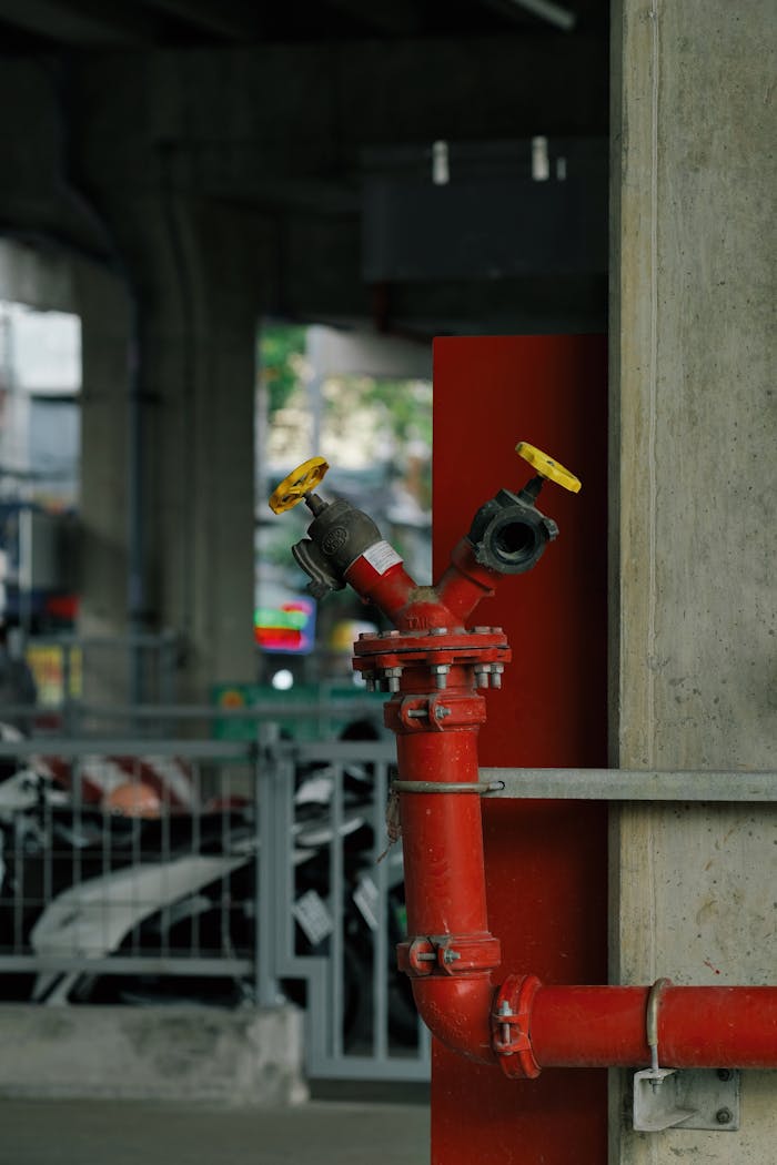who-we-are Close-up of a bright red fire hydrant in a modern urban environment, perfect for architectural themes.