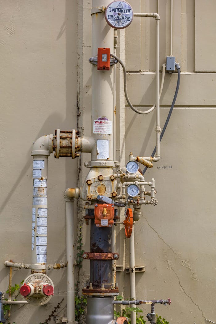 Detailed view of an industrial fire sprinkler system with gauges and pipes against a wall.
